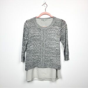Cleo Petites Off-White Sheer Half-Sleeve Top with Gray Knitted Cover